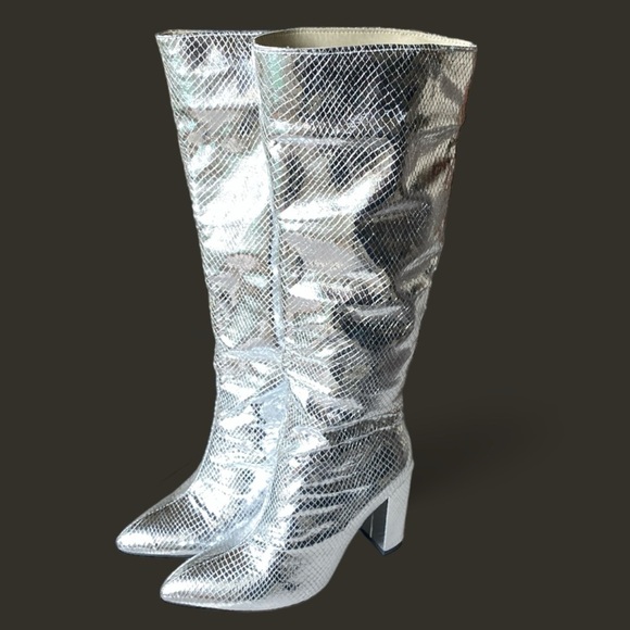 Silver Metallic Crocodile Slouchy Knee High Boot 3.5” Chunky Heel Women’… - Picture 12 of 13